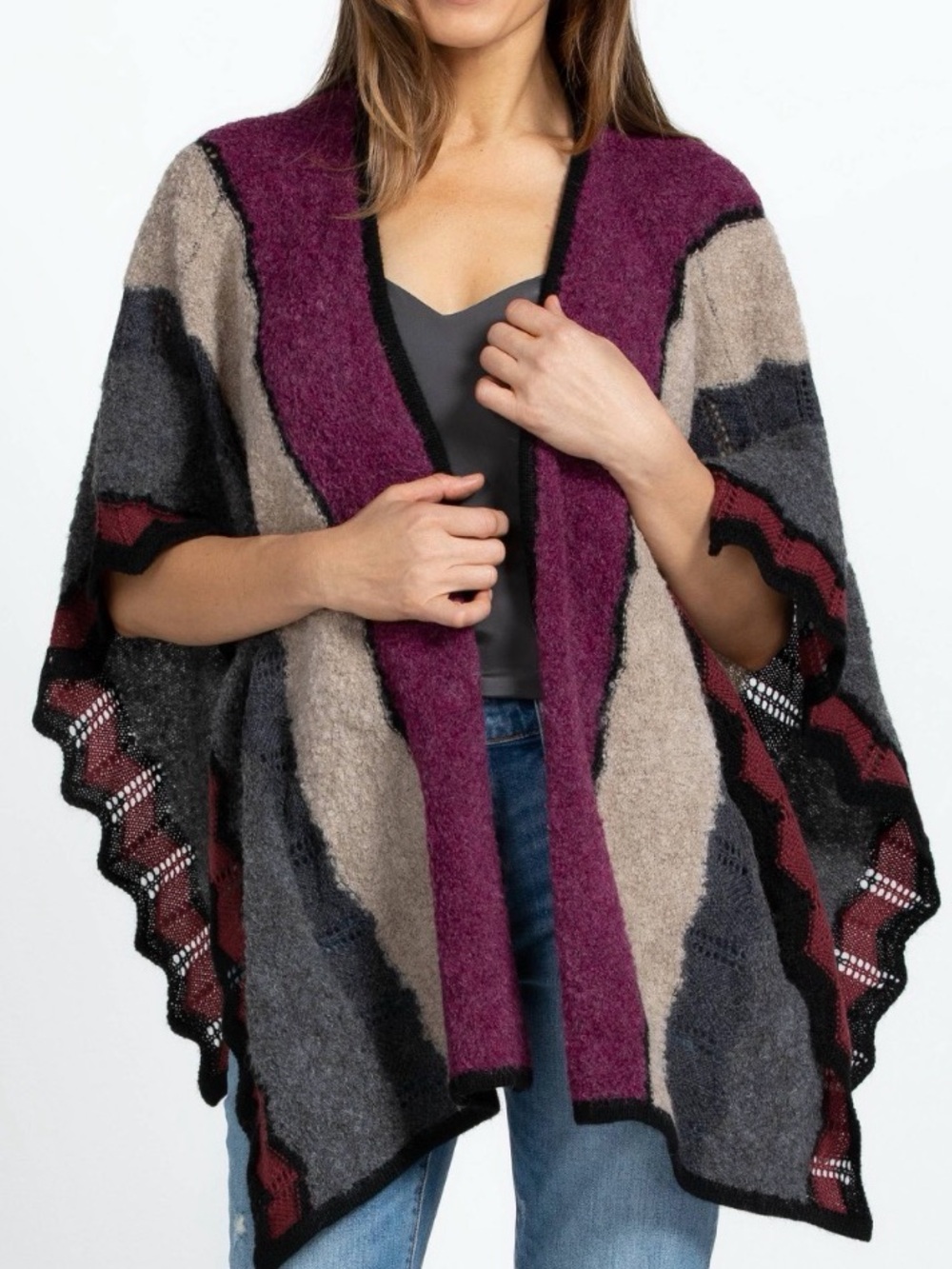 Johnny Was Colorblock Open-Front Poncho in Plum, Gray, Black, Cream